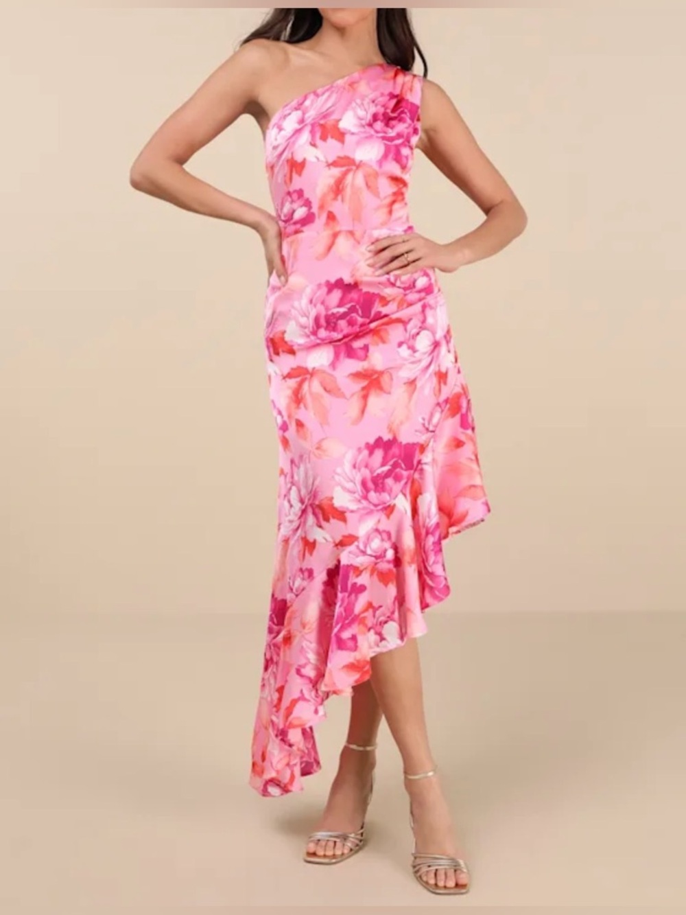 Lulus NWT “Divinely Blooming” Pink Multi-Floral One-Shoulder Midi Dress, Size XL